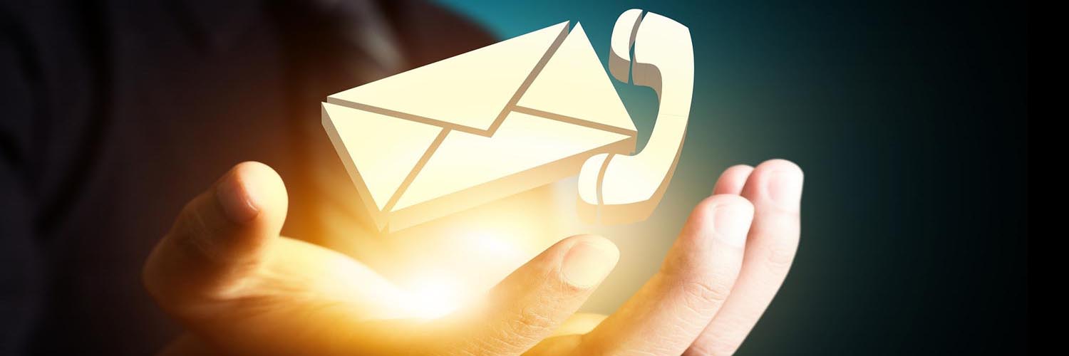 Image of a hand with a telephone and letter floating above it.